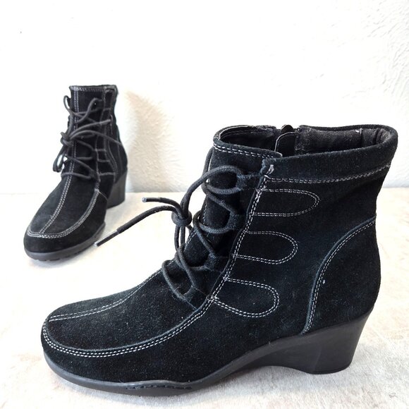 Aerosoles Ankle Boots Wedge 8 Black Suede Victorian Retro Lace Up Comfort Bootie - Picture 1 of 12